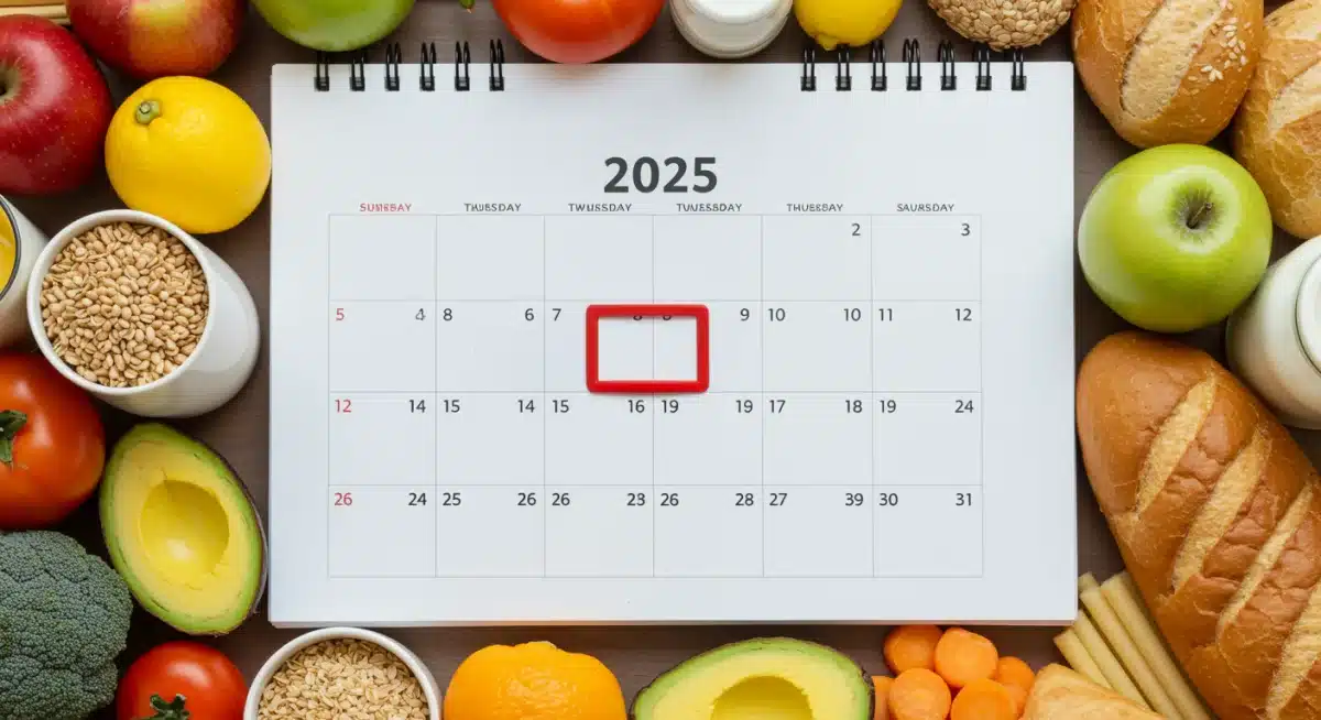 Calendar for 2025 with food items, symbolizing upcoming SNAP benefit changes.
