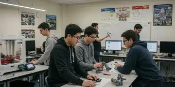 Students engaged in modern CTE classroom activities with robotics and 3D printing