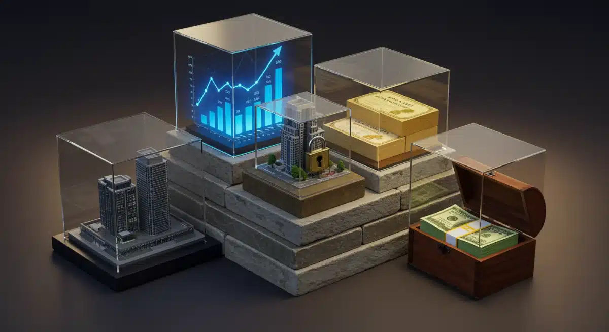 Diverse financial assets compartmentalized, representing a diversified investment portfolio strategy.