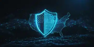 Digital shield protecting the United States map, symbolizing the Federal Cybersecurity Initiative 2025.