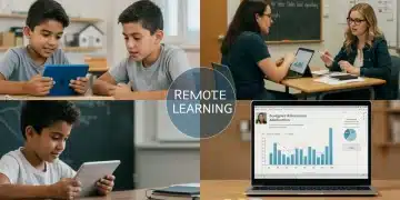 Students learning remotely with digital devices, highlighting financial shifts in K-12 education.