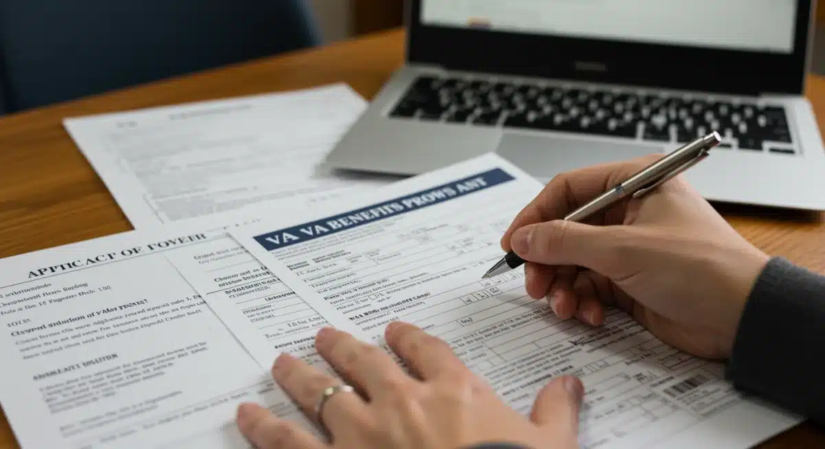 Hand filling out a VA benefits application form.