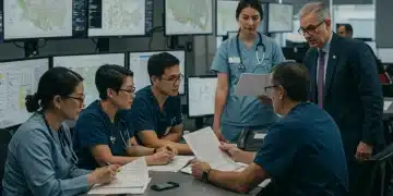 Healthcare professionals collaborating on public health preparedness plans in an operations center.