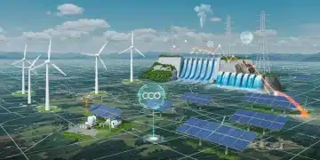 Illustration of clean energy technologies reducing carbon emissions