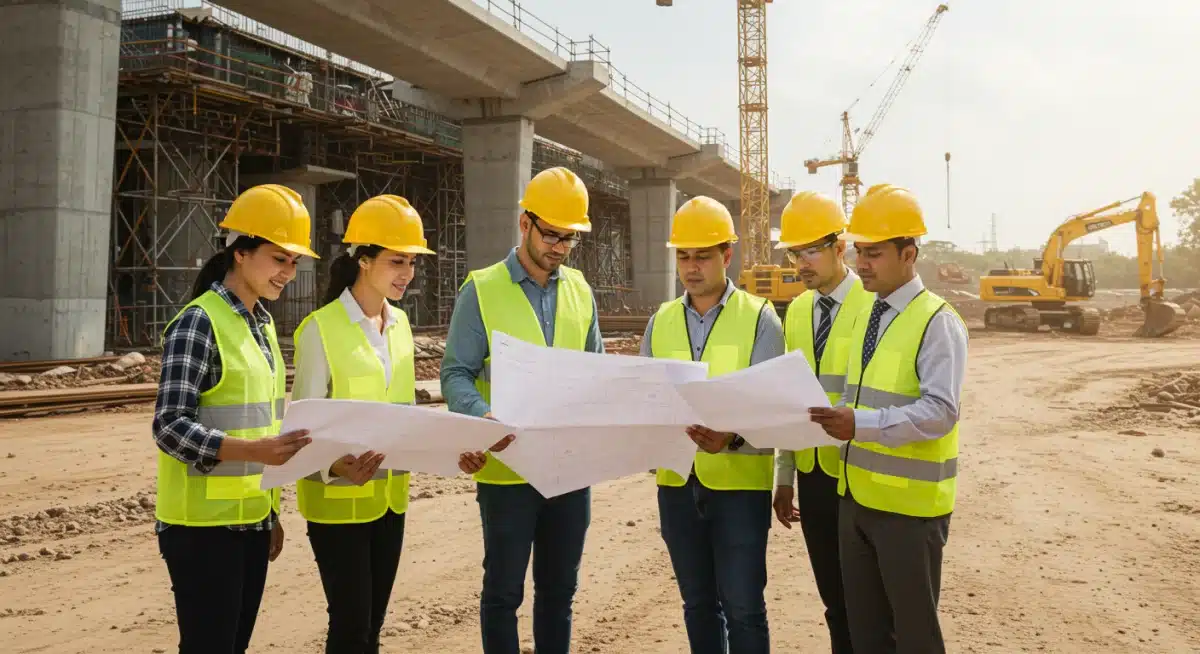 Construction workers reviewing blueprints on a busy site, symbolizing infrastructure project implementation.