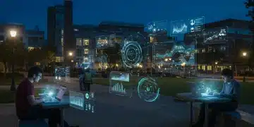 Students using EdTech platforms on a modern university campus, showcasing digital learning innovation.