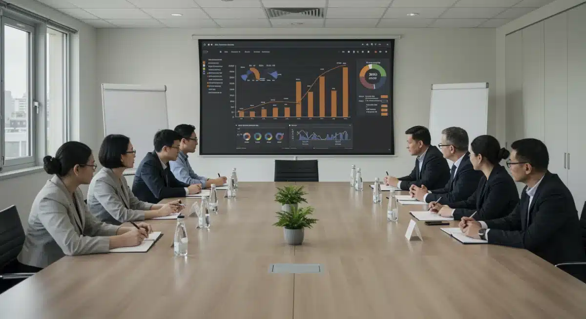 Policy makers discussing energy strategies and carbon reduction goals in a modern conference room