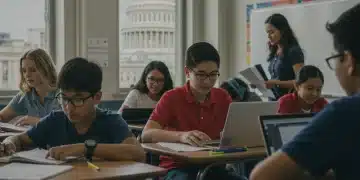 Students and teachers in a modern classroom, symbolizing federal education policy changes.