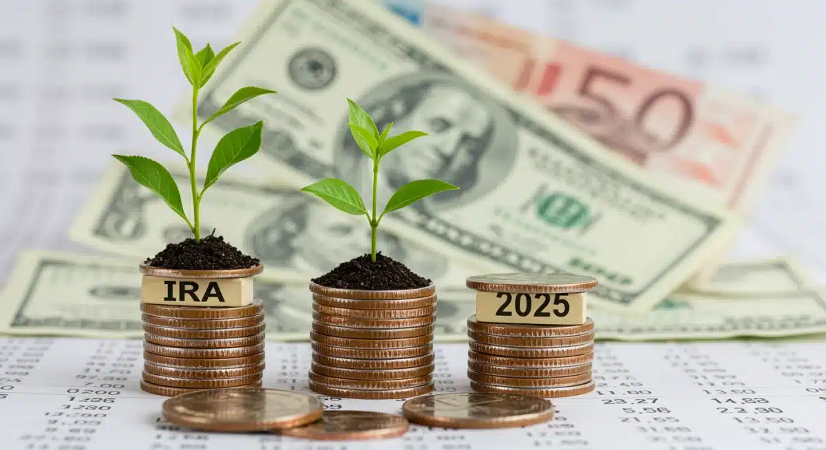 Stacked coins and bills representing growing Roth IRA savings in 2025.