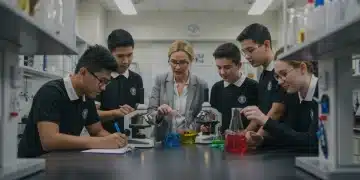 High school students conducting a science experiment in a modern STEM lab, symbolizing federal grant opportunities.