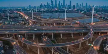 Modern infrastructure with renewable energy and city skyline at dusk, symbolizing economic progress.