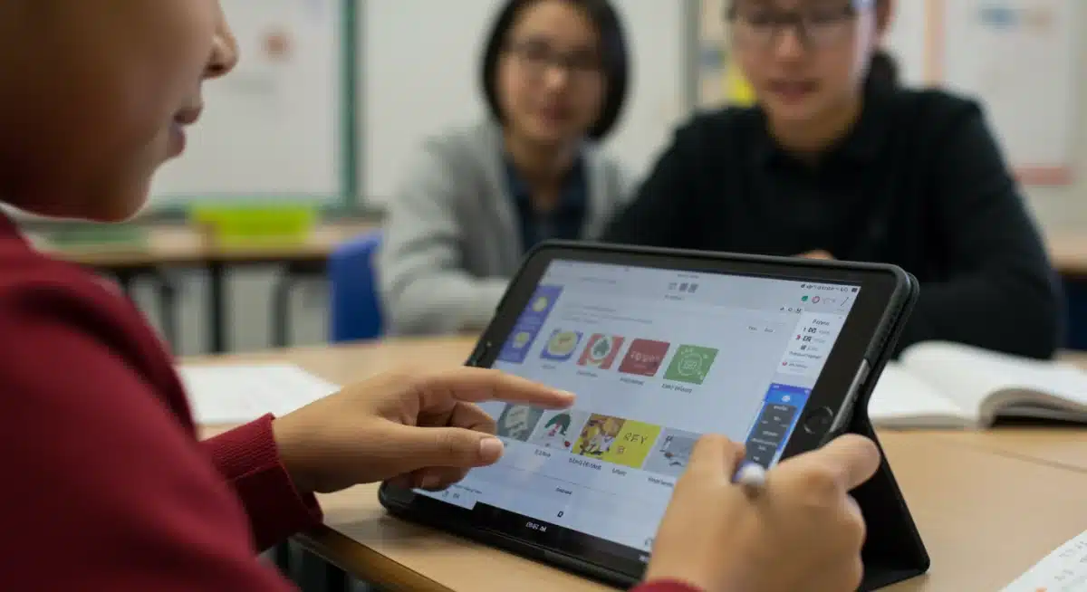 Student engaging with AI learning platform under teacher supervision