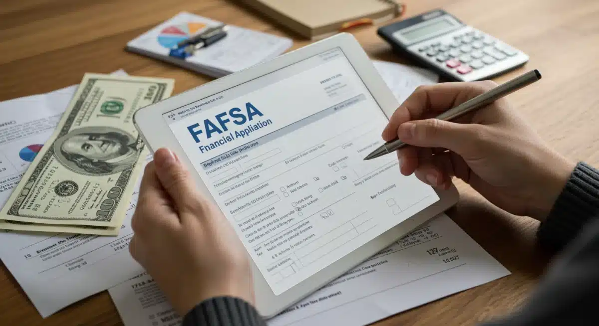 Hand filling out FAFSA form on a tablet for financial aid