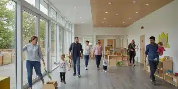 Parents and children at a modern, vibrant childcare facility entrance.