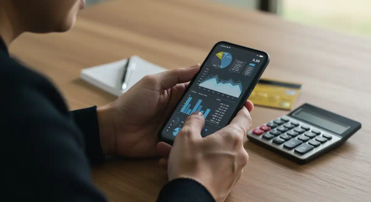 Person analyzing financial data on smartphone, credit card and calculator on desk, reflecting on interest rate changes