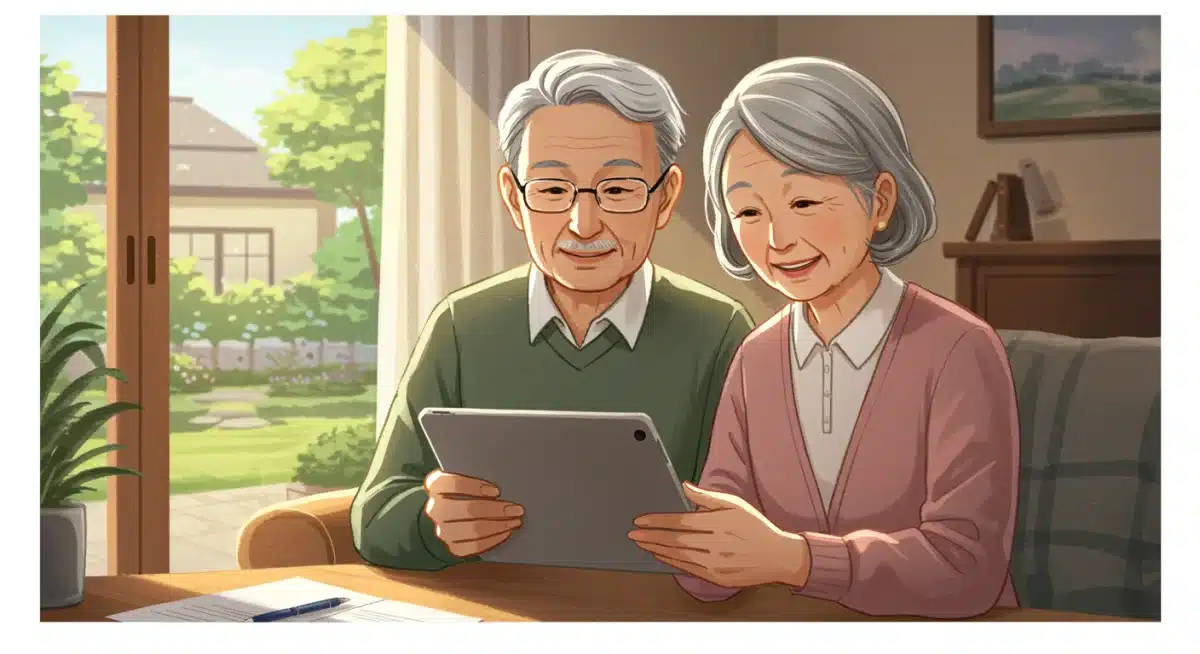 Happy elderly couple reviewing retirement finances on a tablet