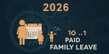 Illustration of a family with a calendar, symbolizing 2026 Paid Family Leave benefits for protected time off.