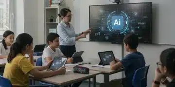 Students learning with AI in a modern K-12 classroom in the US, depicting personalized education.