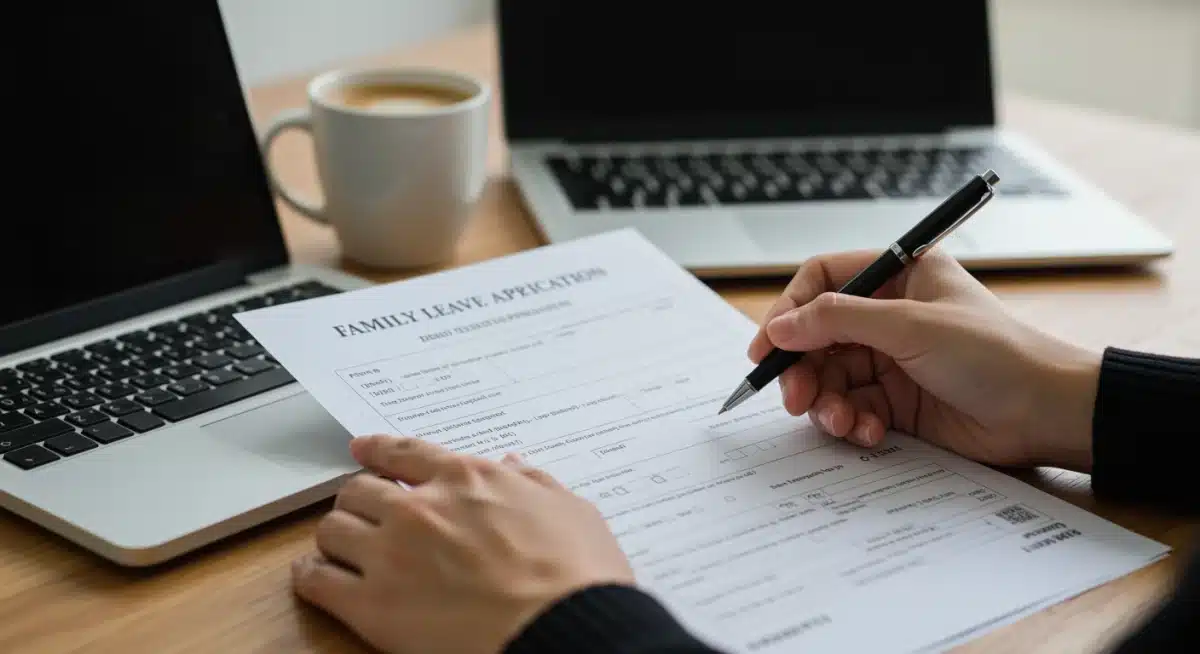 Person filling out application forms for 2026 Paid Family Leave benefits.