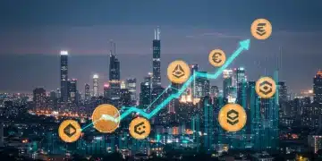 Futuristic digital cityscape with cryptocurrency symbols and growth charts