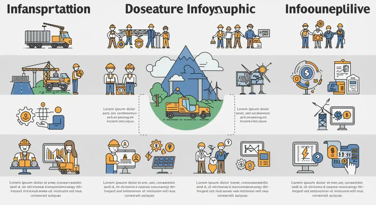 Infographic illustrating job creation across different sectors due to infrastructure investment, highlighting transportation, energy, and digital connectivity.