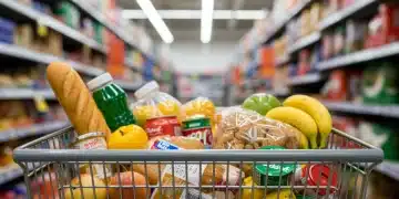Shopping cart with groceries, representing inflation's impact on everyday spending.