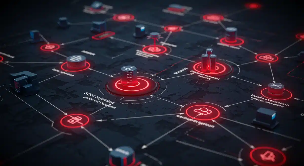 Complex network diagram showing cyber attack vectors and vulnerabilities