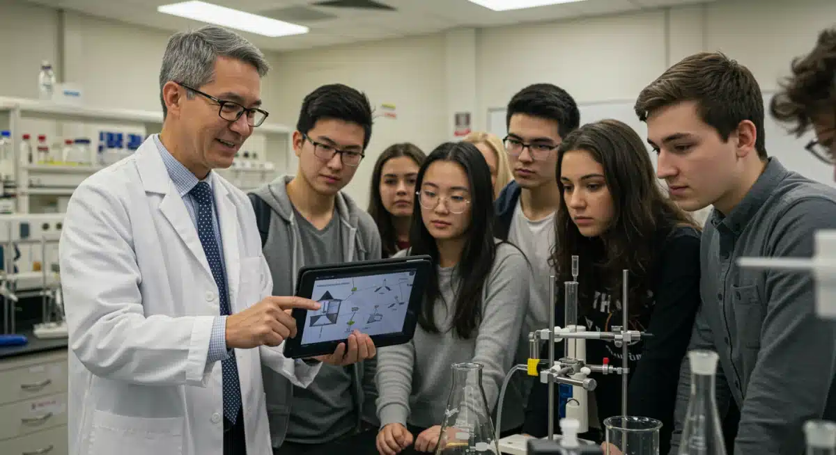 Educator demonstrating scientific concepts to students in a lab.