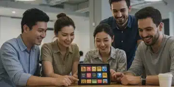 Employees reviewing discount offers on a tablet in a modern office breakroom