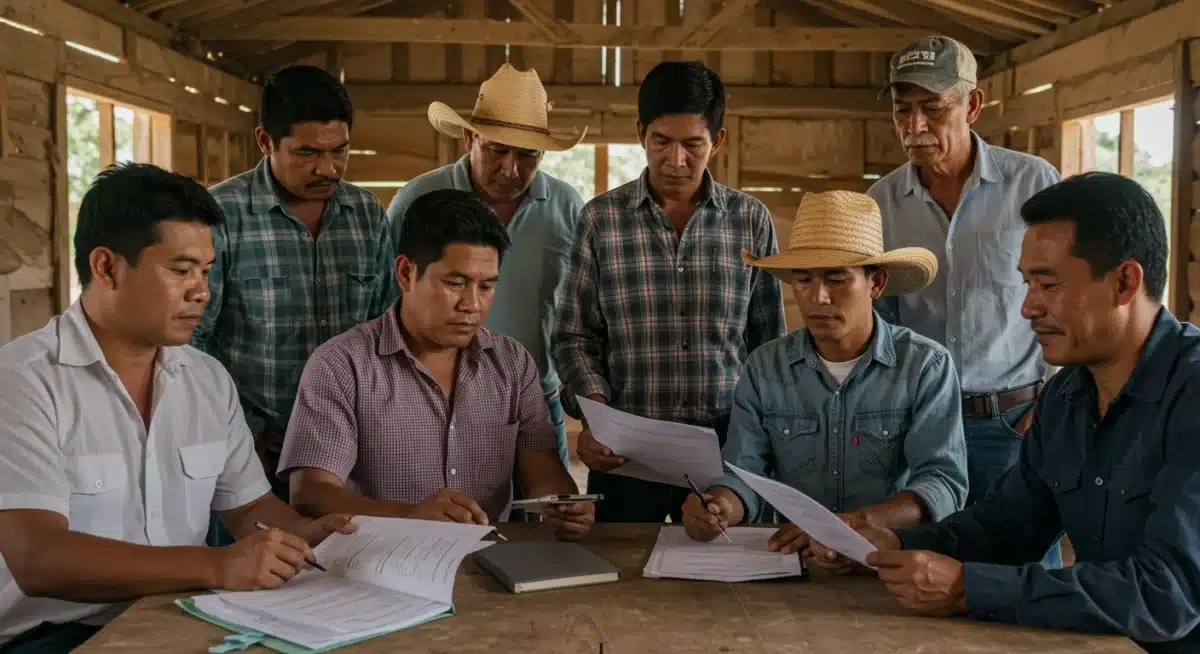 Farmers discussing new agricultural policy reforms in a community meeting.