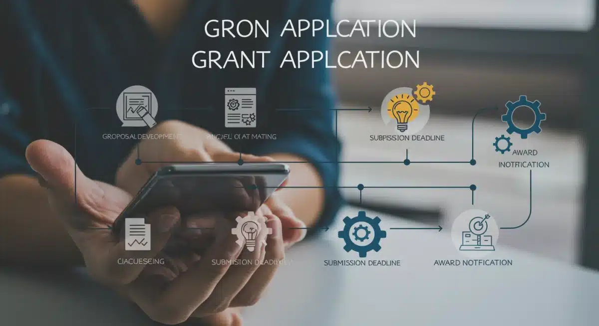 Grant application process roadmap with key milestones and icons.