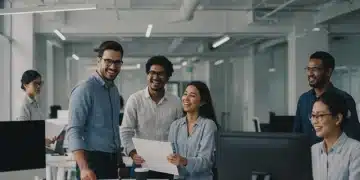 Happy employees enjoying modern workplace benefits