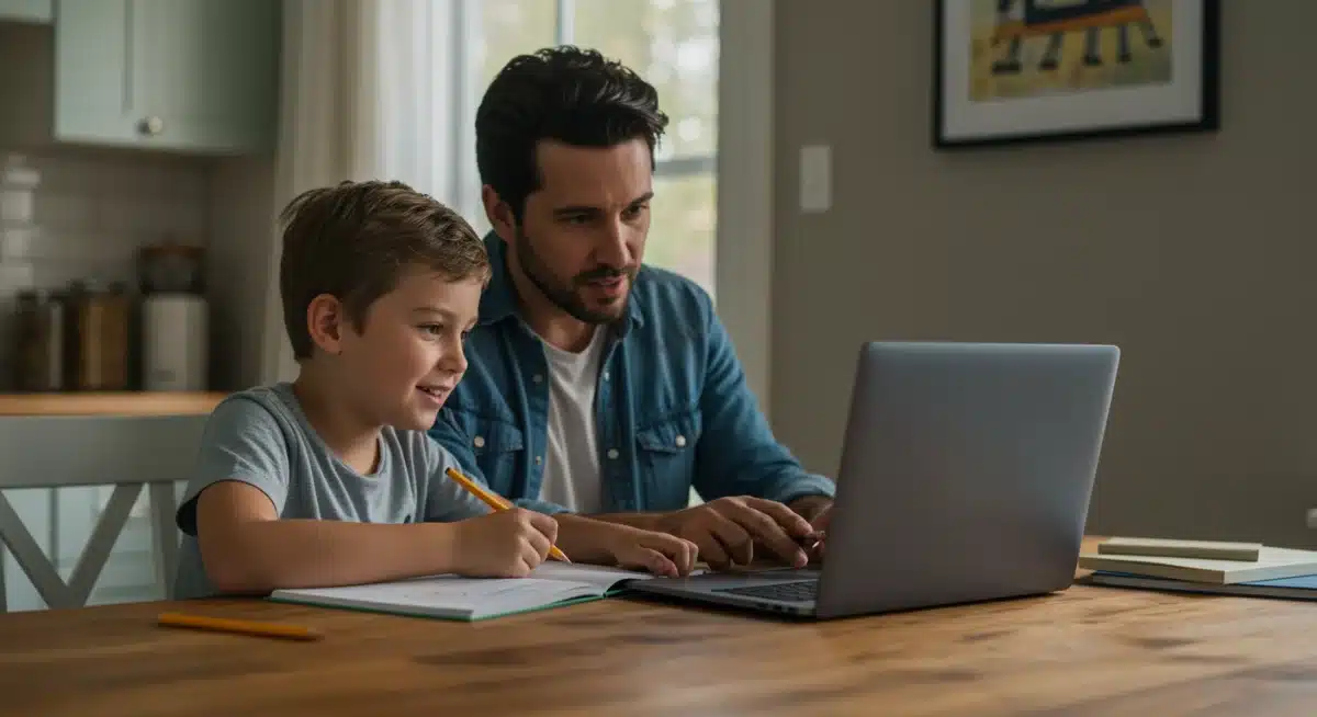 Parent and child reviewing digital learning content at home, highlighting home-school partnership.