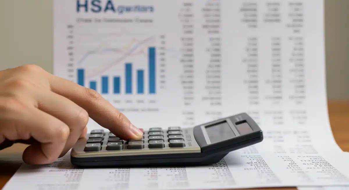 Hand holding calculator over spreadsheet, illustrating HSA financial calculations and tax planning.
