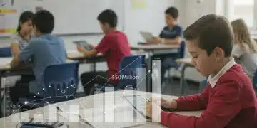 Diverse students engaged in modern classroom learning with digital tools and interactive whiteboards, symbolizing educational progress.