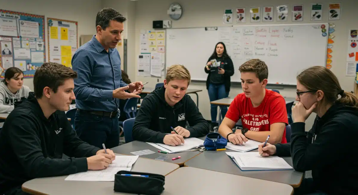 Teacher guiding collaborative student group activity in a dynamic, flexible classroom setting.