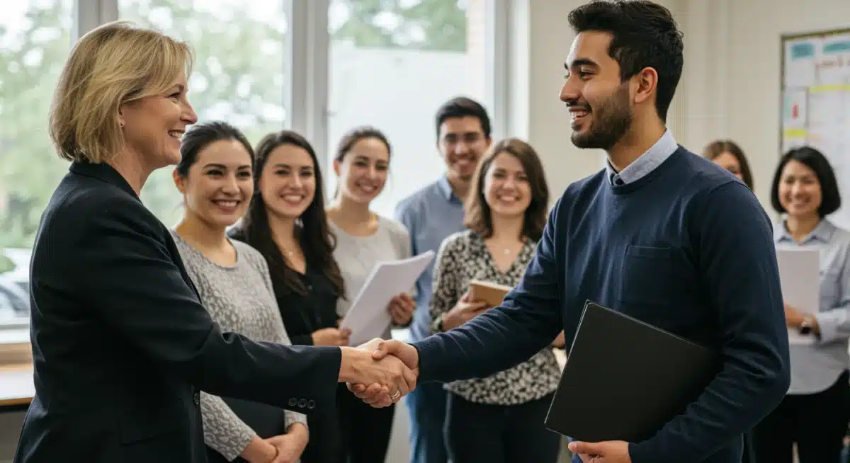 Administrator welcoming new teacher during an induction program, highlighting mentorship.