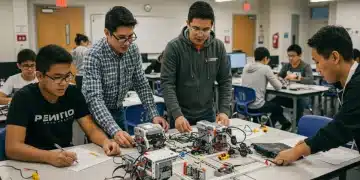 Students and teachers collaborating on a robotics project in a modern STEM classroom.