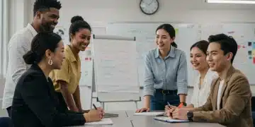 Teachers collaborating happily in a modern classroom, showcasing support and positive work culture.