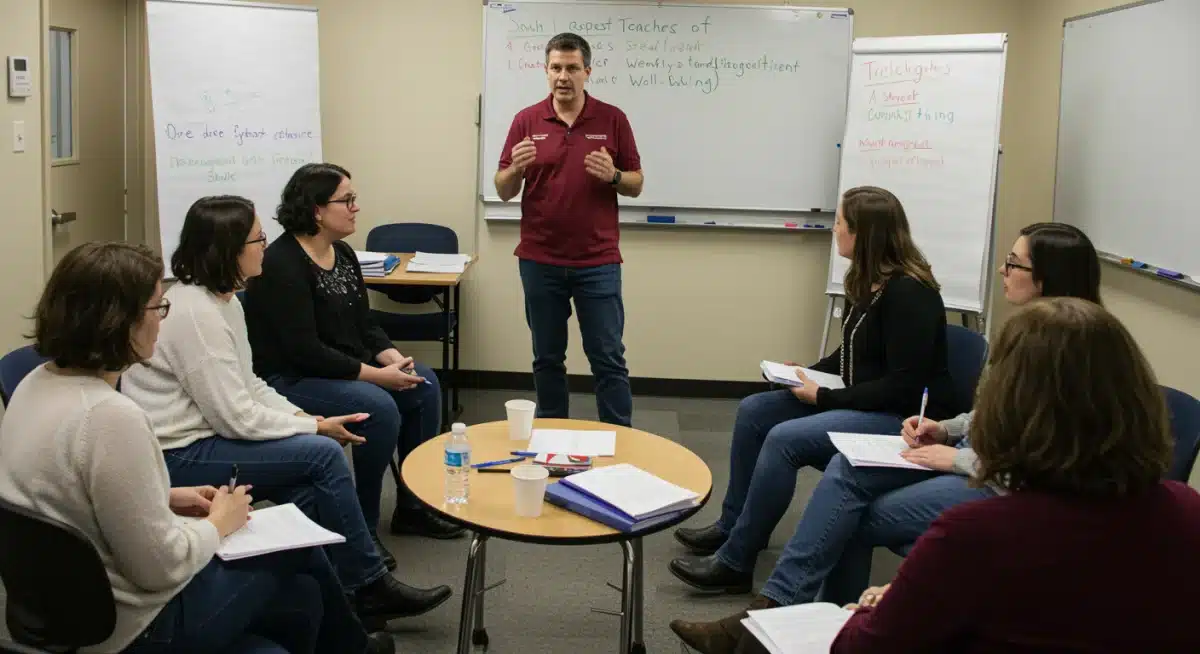 Teachers engaging in a professional development workshop on stress management and well-being.