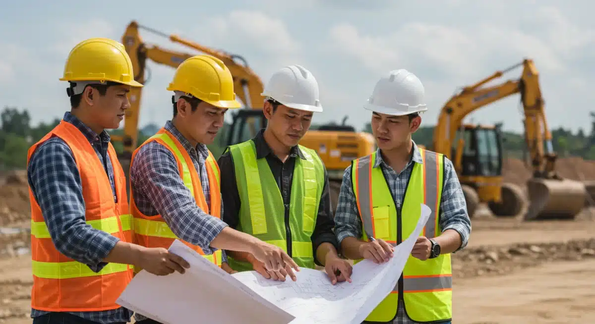 Construction workers and engineers collaborating on infrastructure project plans.