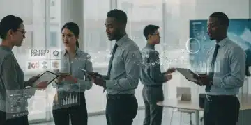 Modern office with diverse employees discussing future employee benefits and compensation trends.