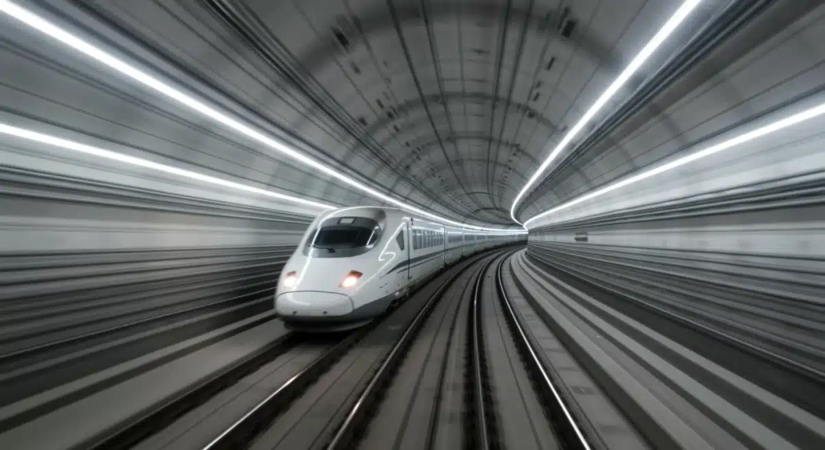 High-speed train in a newly constructed, modern tunnel.
