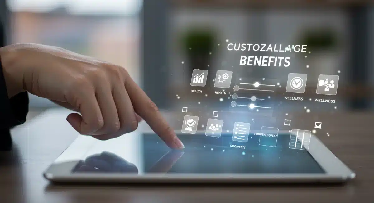 Personalized employee benefits portal with customizable options on a tablet.