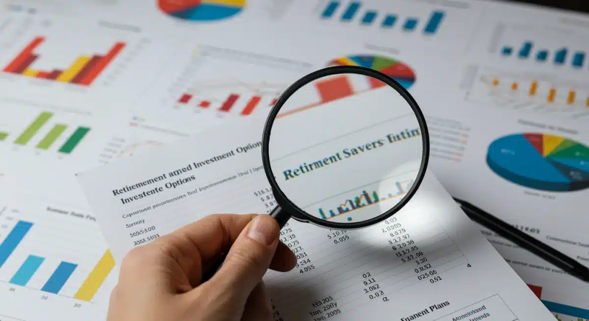 Magnifying glass over retirement financial documents