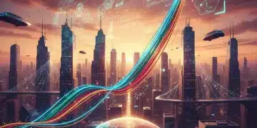 Futuristic stock market chart showing upward trends with a city skyline, representing the 2026 stock market outlook and growth.