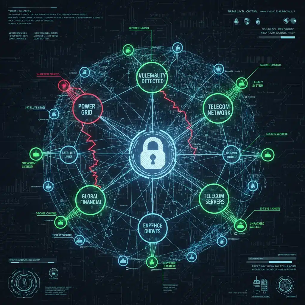 Complex network diagram illustrating critical infrastructure vulnerabilities and secure connections.