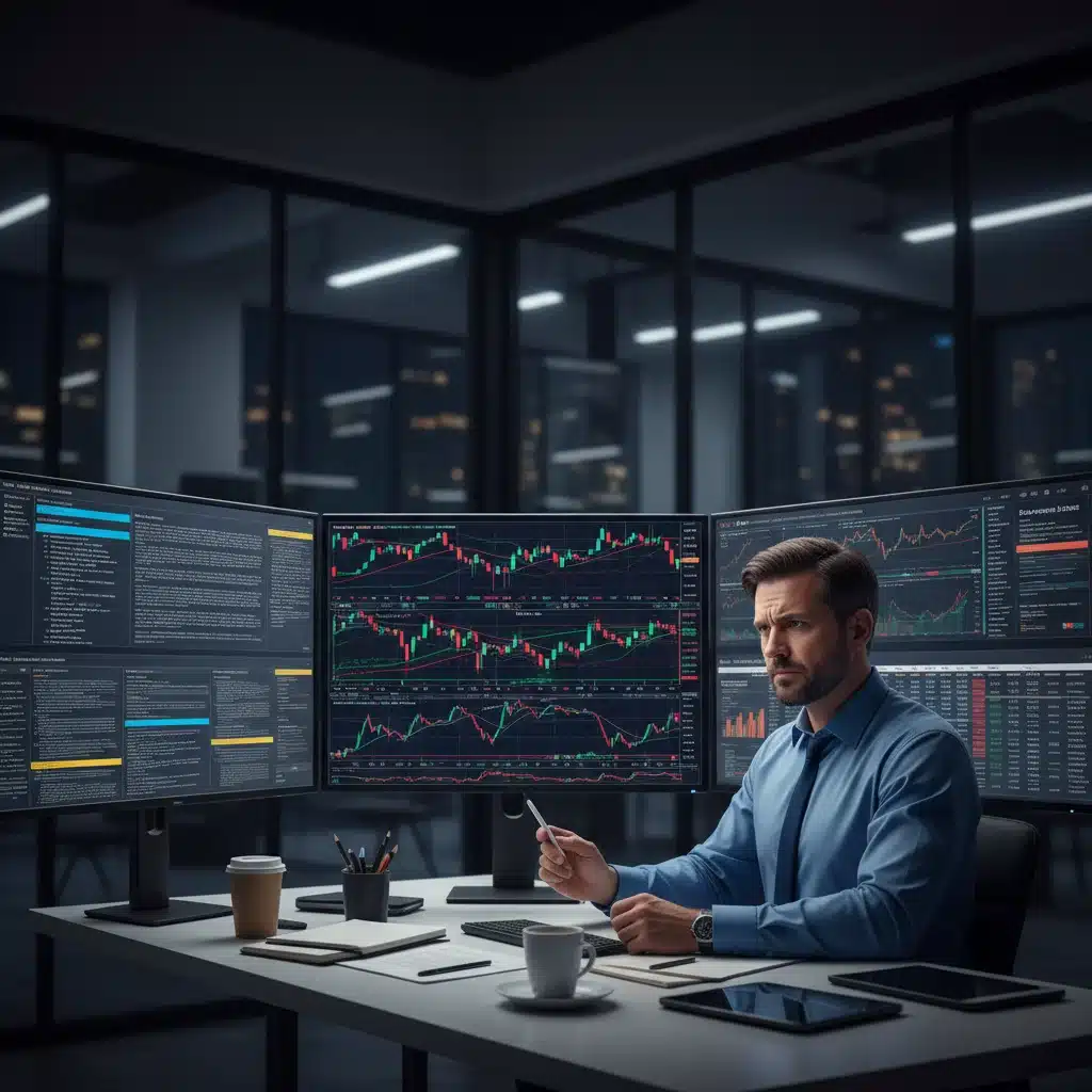 Investor analyzing crypto charts and legal documents for compliance.