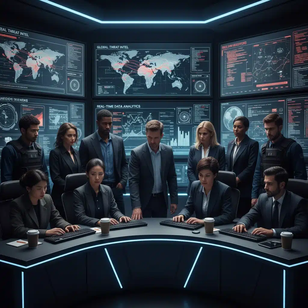 Cybersecurity experts collaborating in a command center, analyzing real-time threat intelligence.