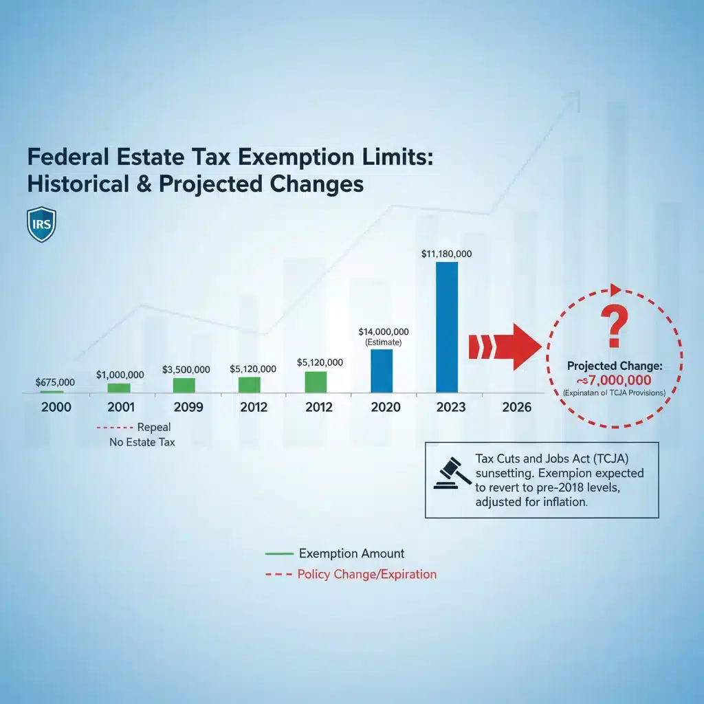 Infographic showing historical and projected estate tax exemption limits.